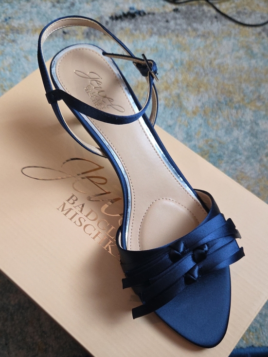 Badgley Mischka Shoes - Badgley Mischka Navy Satin Bow-Embellished Slingback Heel